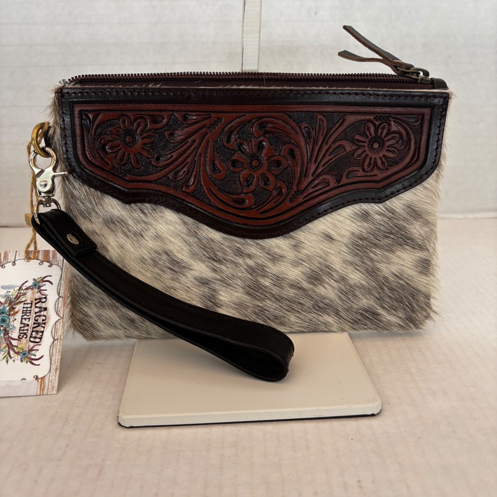 Cowhide Wristlet Women Brown Tooled‎ Leather Floral Western
 Bag New Cowgirl